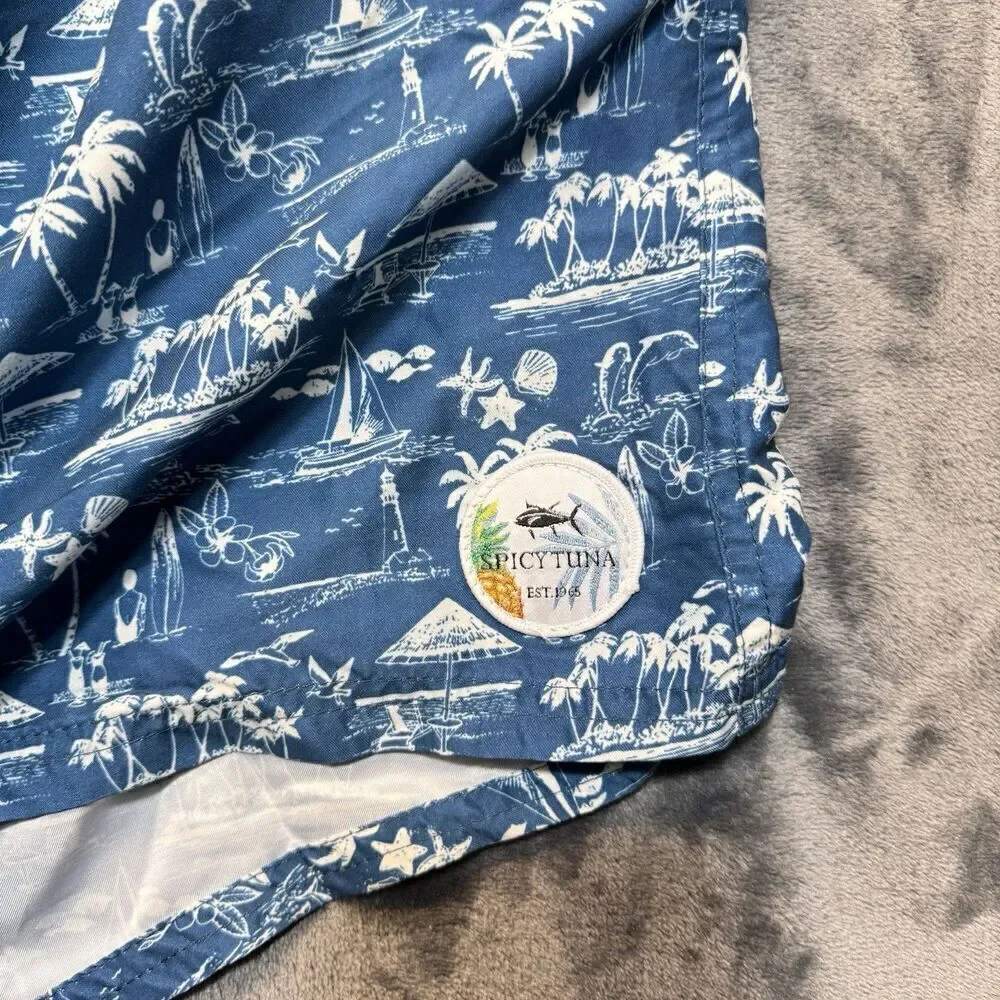 SPICY TUNA Sz 4XL Sailboat Surf Ocean Beach Life Palm Tree Swim Trunk Drawstring